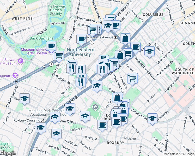 map of restaurants, bars, coffee shops, grocery stores, and more near 1065 Tremont Street in Boston