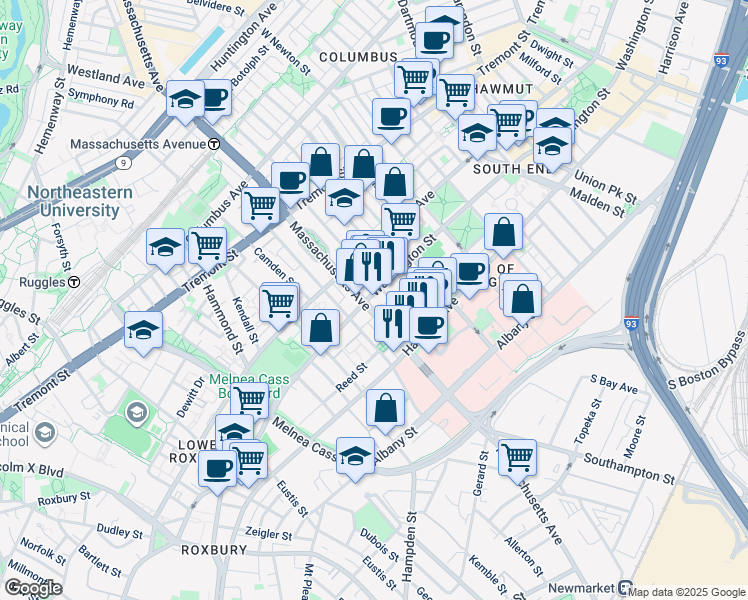 map of restaurants, bars, coffee shops, grocery stores, and more near 1744 Washington Street in Boston