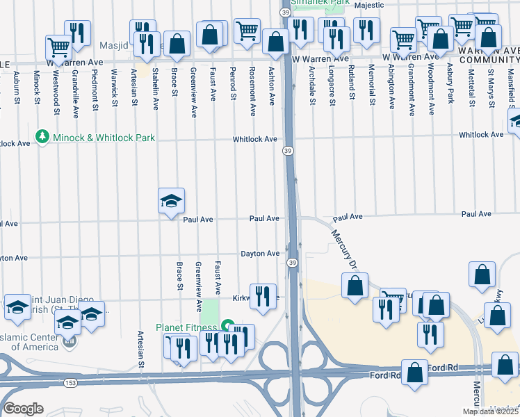 map of restaurants, bars, coffee shops, grocery stores, and more near 6324 Rosemont Avenue in Detroit