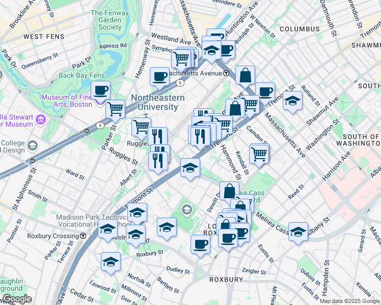map of restaurants, bars, coffee shops, grocery stores, and more near 1065 Tremont Street in Boston