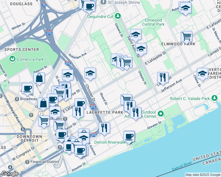 map of restaurants, bars, coffee shops, grocery stores, and more near 1274 Navarre Place in Detroit