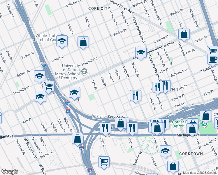 map of restaurants, bars, coffee shops, grocery stores, and more near 3081 17th Street in Detroit