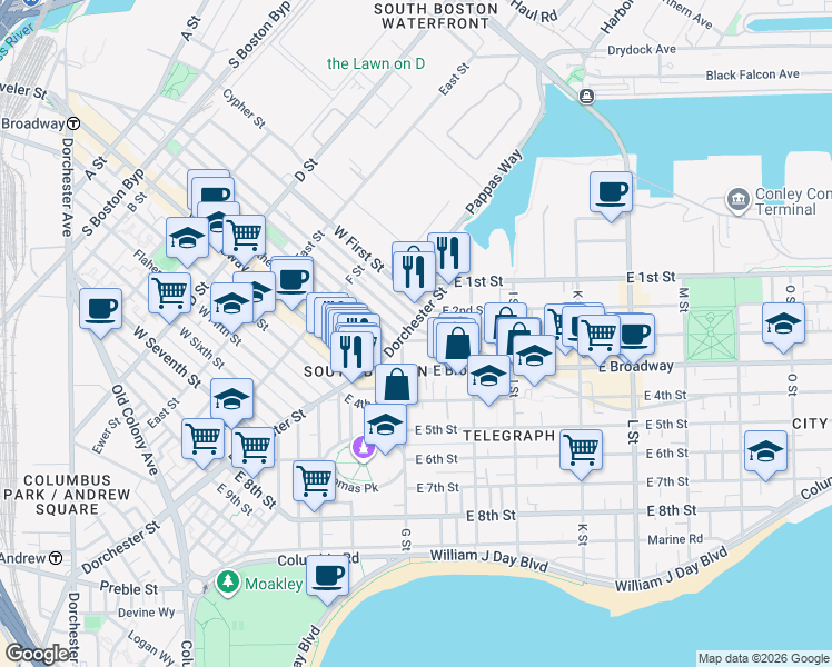 map of restaurants, bars, coffee shops, grocery stores, and more near 433 East 3rd Street in Boston