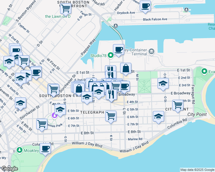 map of restaurants, bars, coffee shops, grocery stores, and more near 646 East Broadway in Boston