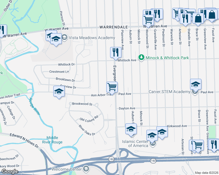 map of restaurants, bars, coffee shops, grocery stores, and more near 6307 Vaughan Street in Detroit