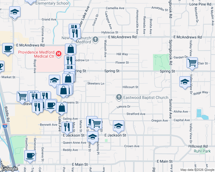 map of restaurants, bars, coffee shops, grocery stores, and more near 1330 Hillcourt Street in Medford