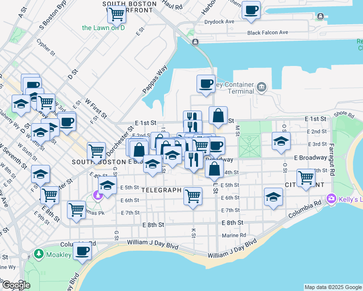 map of restaurants, bars, coffee shops, grocery stores, and more near 646 East Broadway in Boston