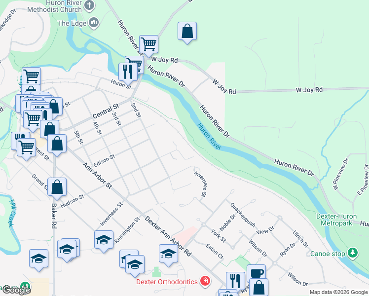 map of restaurants, bars, coffee shops, grocery stores, and more near 7628 Cottonwood Lane in Dexter