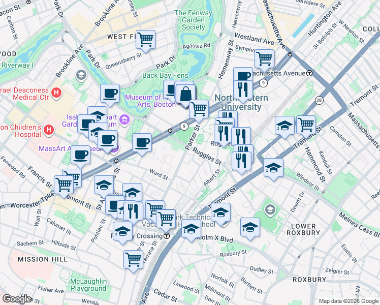 map of restaurants, bars, coffee shops, grocery stores, and more near 520 Parker St in Boston