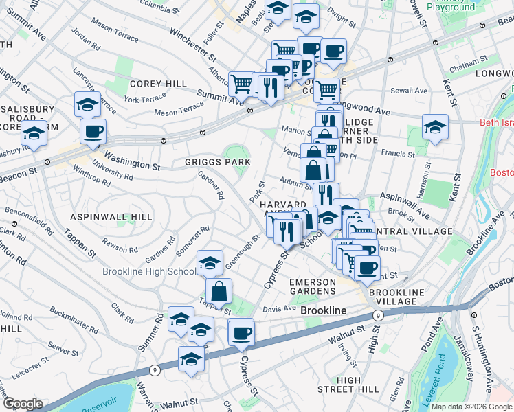map of restaurants, bars, coffee shops, grocery stores, and more near 46 Park Vale in Brookline