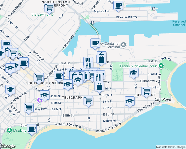 map of restaurants, bars, coffee shops, grocery stores, and more near 3 K Street Place in Boston