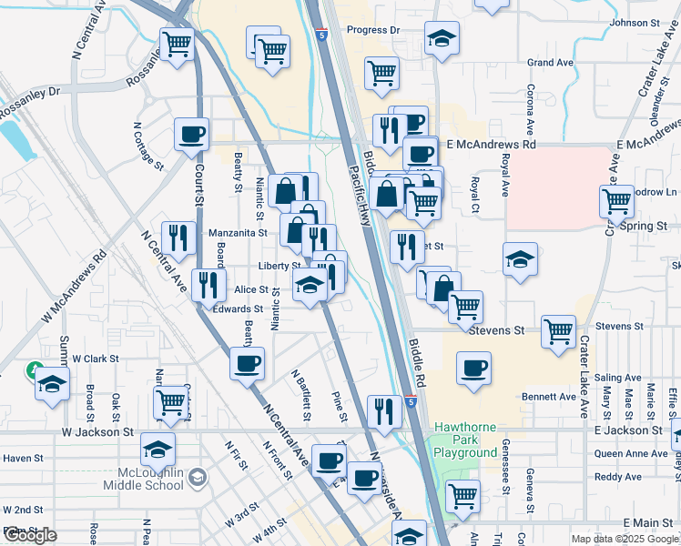 map of restaurants, bars, coffee shops, grocery stores, and more near 906 N Riverside Ave in Medford