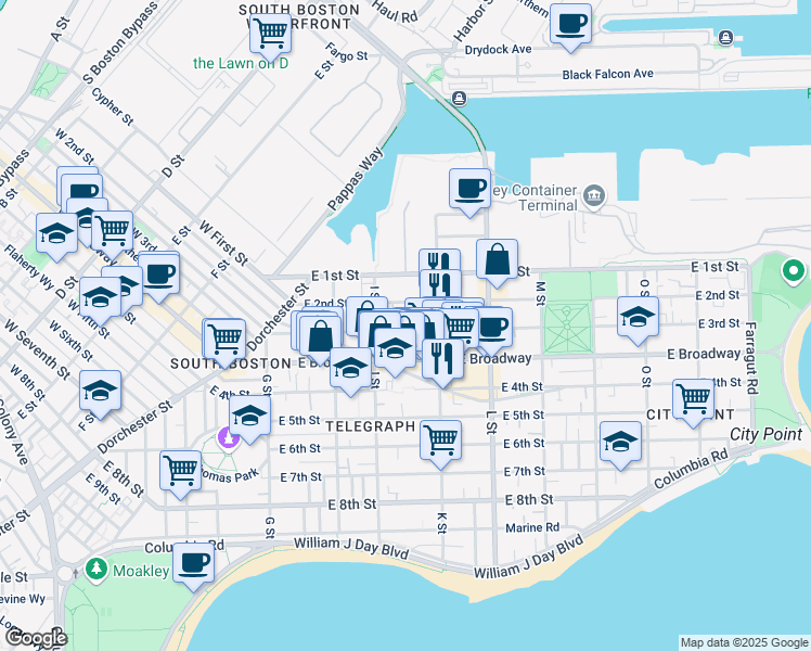 map of restaurants, bars, coffee shops, grocery stores, and more near 646 East Broadway in Boston