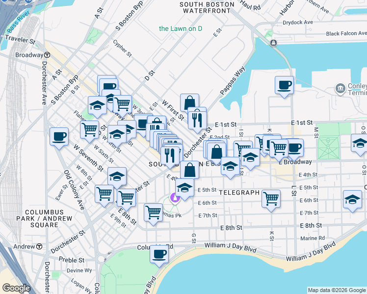 map of restaurants, bars, coffee shops, grocery stores, and more near 9 G Street in Boston