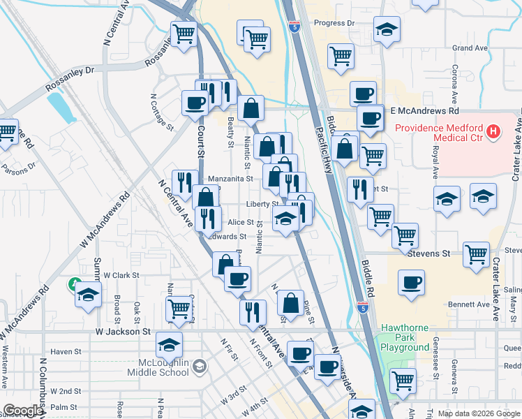 map of restaurants, bars, coffee shops, grocery stores, and more near 1001 Niantic Street in Medford