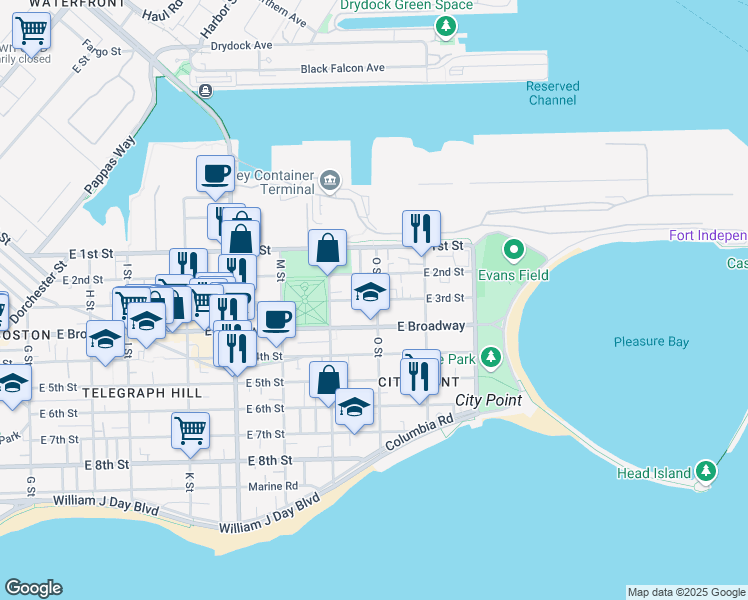 map of restaurants, bars, coffee shops, grocery stores, and more near 866 East Broadway in Boston