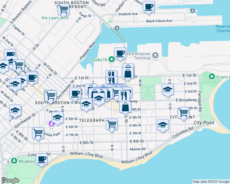map of restaurants, bars, coffee shops, grocery stores, and more near 3 K Street Place in Boston
