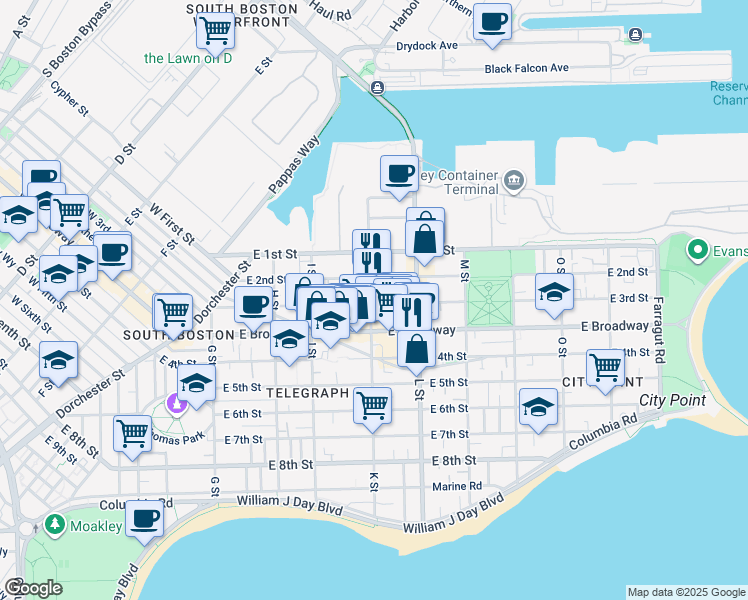 map of restaurants, bars, coffee shops, grocery stores, and more near 3 K Street Place in Boston