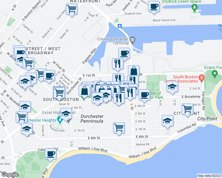 map of restaurants, bars, coffee shops, grocery stores, and more near 646 East Broadway in Boston