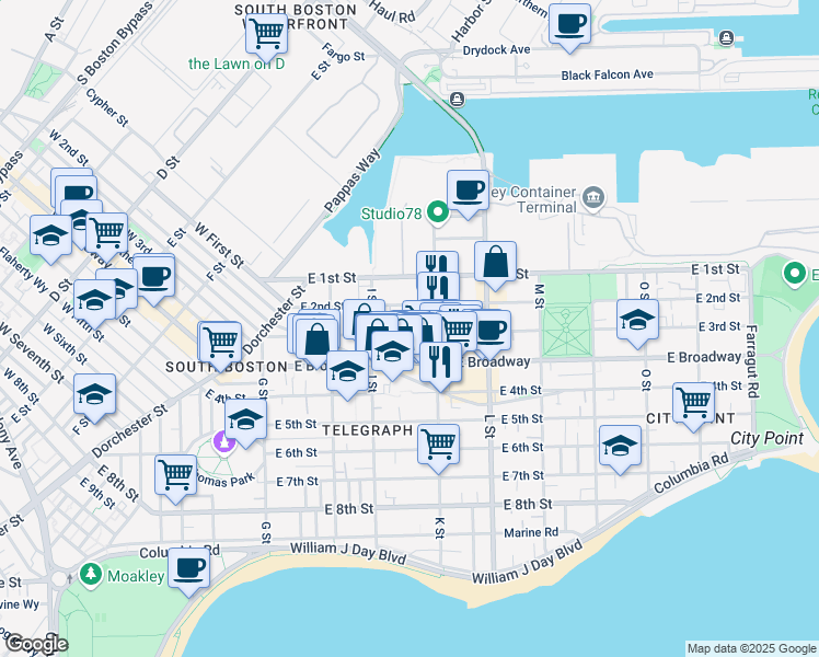 map of restaurants, bars, coffee shops, grocery stores, and more near 646 East Broadway in Boston