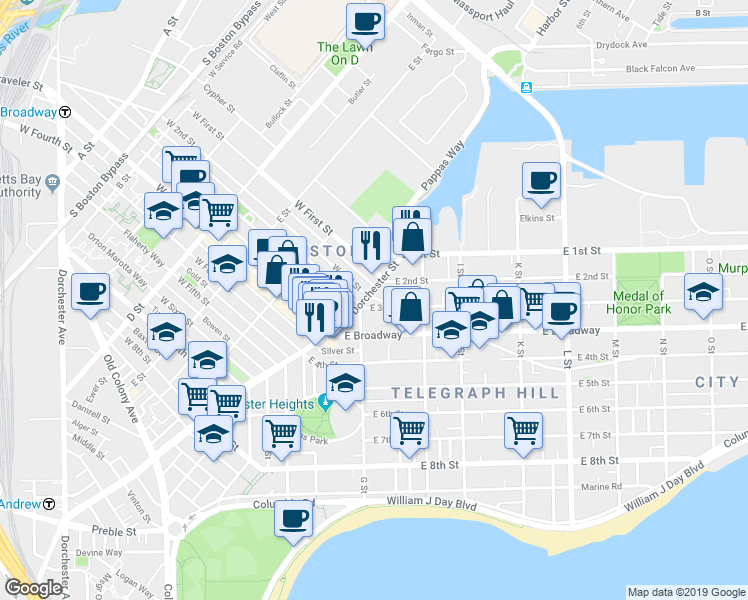map of restaurants, bars, coffee shops, grocery stores, and more near 433 East 3rd Street in Boston