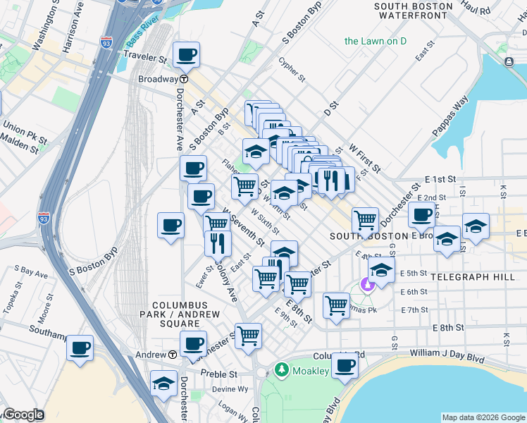 map of restaurants, bars, coffee shops, grocery stores, and more near in Boston