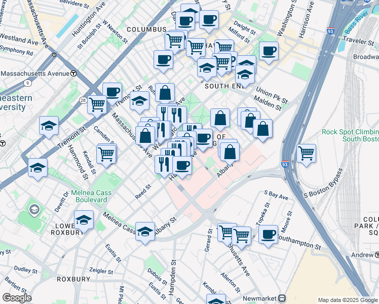 map of restaurants, bars, coffee shops, grocery stores, and more near 775 Harrison Avenue in Boston