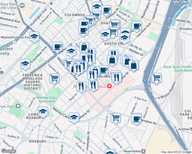 map of restaurants, bars, coffee shops, grocery stores, and more near 775 Harrison Avenue in Boston