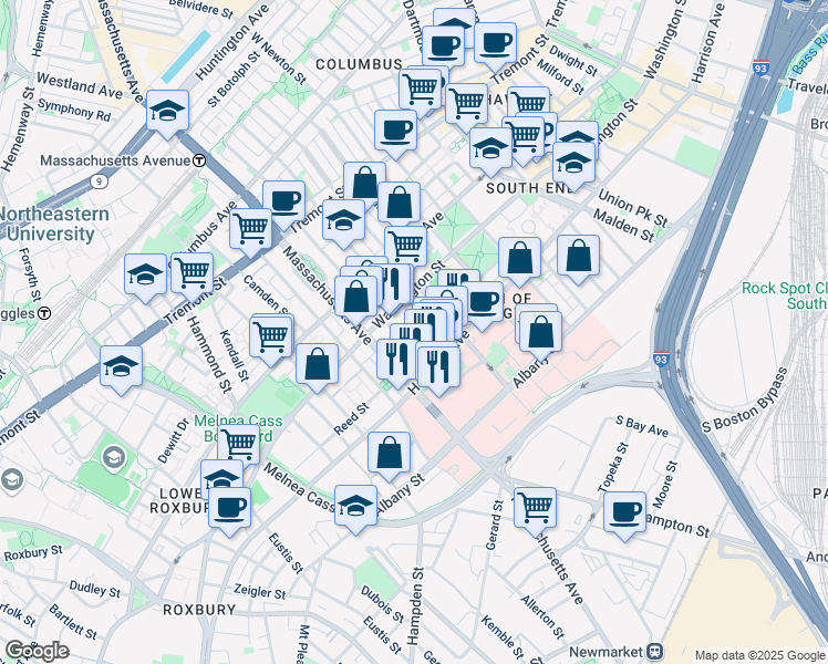 map of restaurants, bars, coffee shops, grocery stores, and more near 33 Worcester Square in Boston