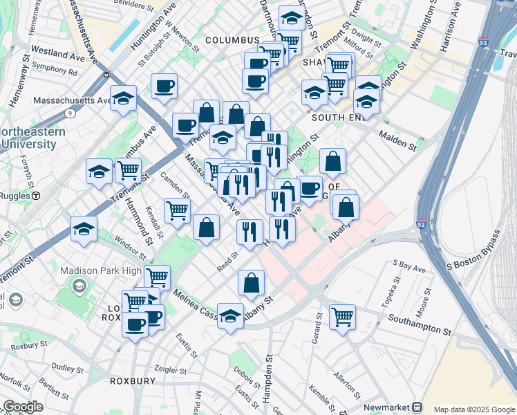 map of restaurants, bars, coffee shops, grocery stores, and more near 668 Massachusetts Avenue in Boston