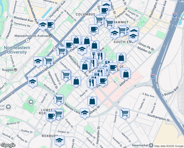 map of restaurants, bars, coffee shops, grocery stores, and more near 668 Massachusetts Avenue in Boston