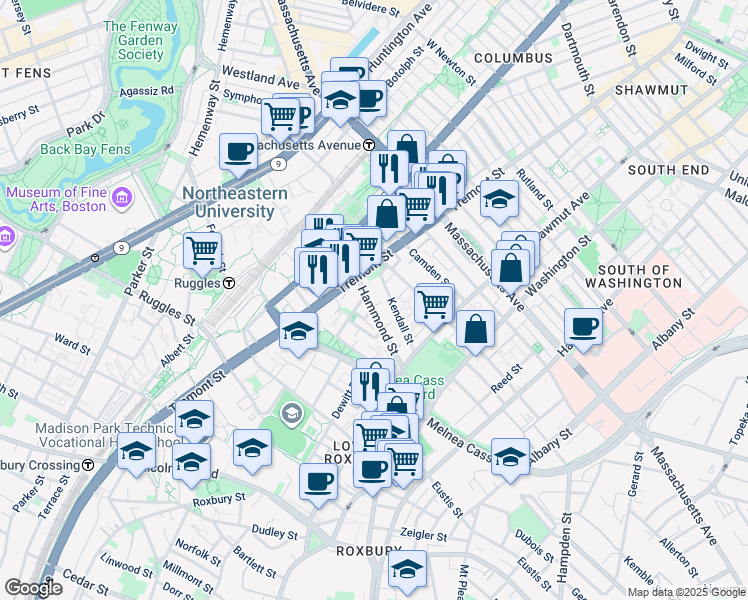 map of restaurants, bars, coffee shops, grocery stores, and more near 10 Sussex Street in Boston