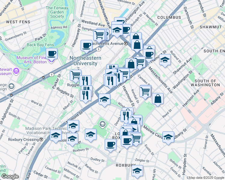 map of restaurants, bars, coffee shops, grocery stores, and more near 49 Warwick Street in Boston