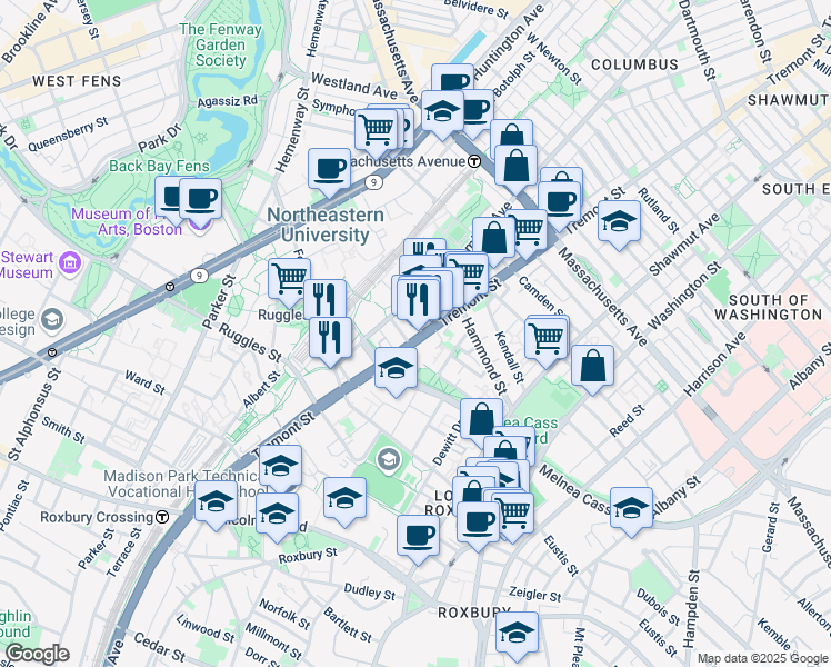 map of restaurants, bars, coffee shops, grocery stores, and more near 1030-1070 Tremont Street in Boston