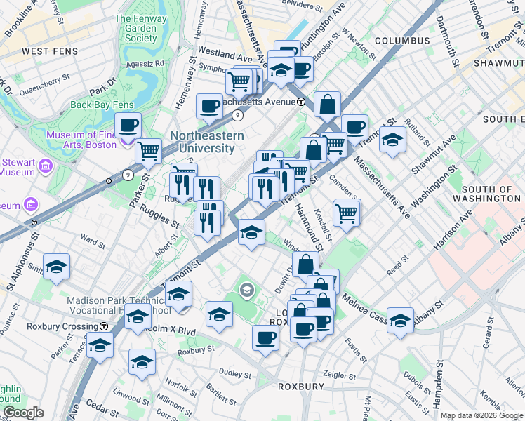 map of restaurants, bars, coffee shops, grocery stores, and more near 1065 Tremont Street in Boston