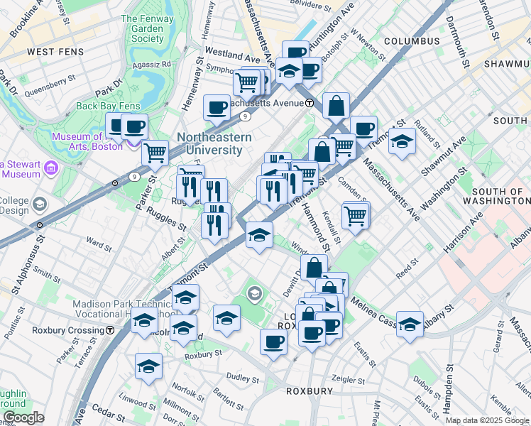 map of restaurants, bars, coffee shops, grocery stores, and more near 1065 Tremont Street in Boston