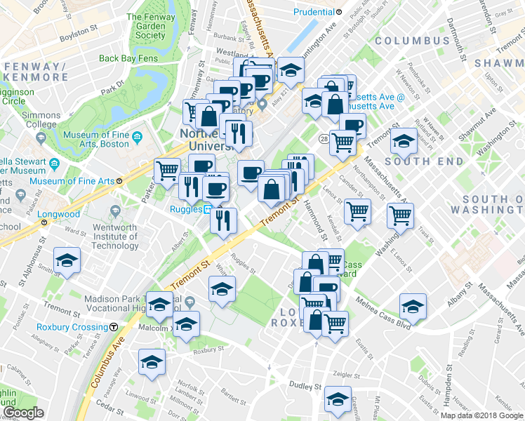 map of restaurants, bars, coffee shops, grocery stores, and more near 1065 Tremont Street in Boston