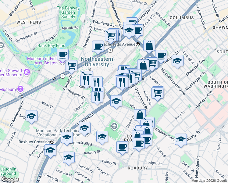 map of restaurants, bars, coffee shops, grocery stores, and more near 1065 Tremont Street in Boston