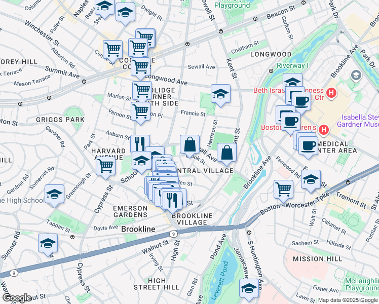 map of restaurants, bars, coffee shops, grocery stores, and more near in Brookline