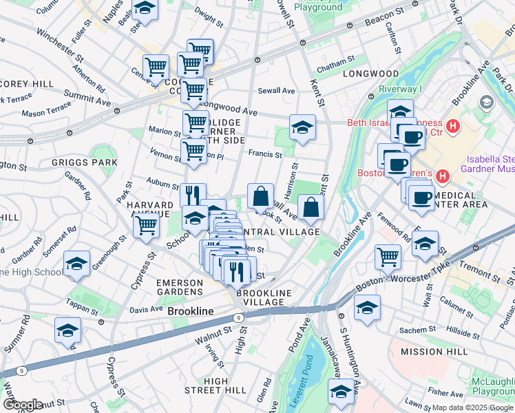 map of restaurants, bars, coffee shops, grocery stores, and more near in Brookline