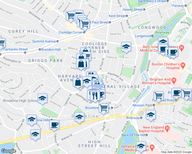 map of restaurants, bars, coffee shops, grocery stores, and more near 14 Homer Street in Brookline