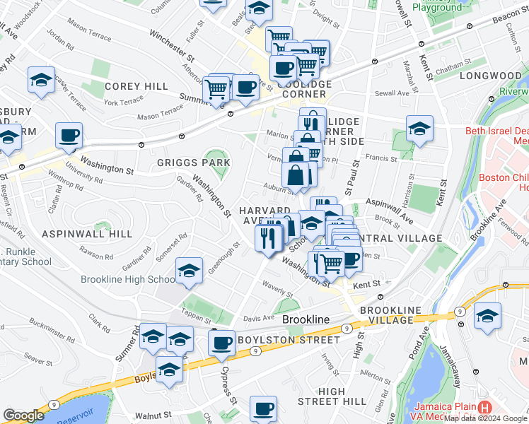map of restaurants, bars, coffee shops, grocery stores, and more near 54 Harvard Avenue in Brookline