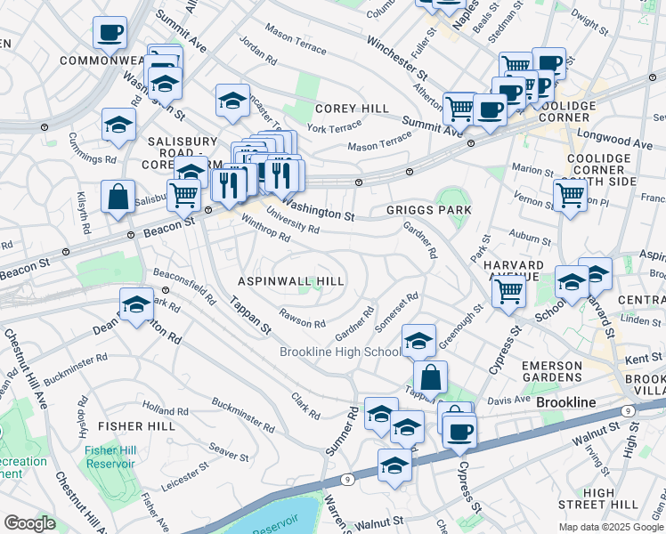 map of restaurants, bars, coffee shops, grocery stores, and more near 99 Addington Road in Brookline