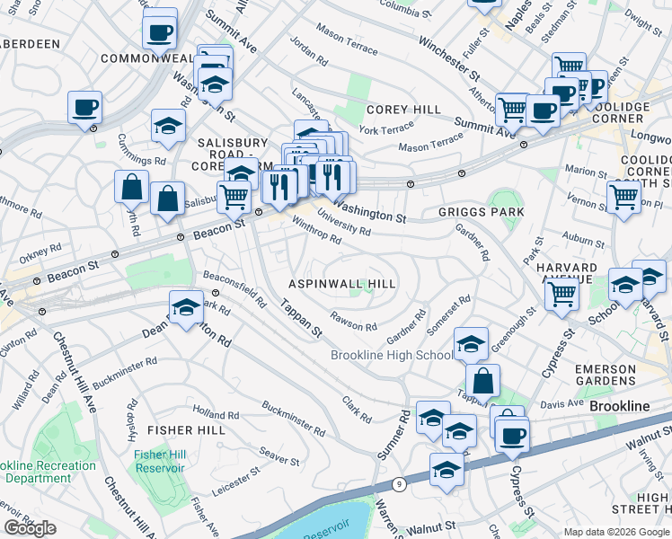map of restaurants, bars, coffee shops, grocery stores, and more near 78 Addington Road in Brookline