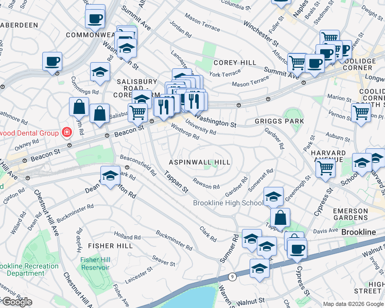 map of restaurants, bars, coffee shops, grocery stores, and more near 78 Addington Road in Brookline