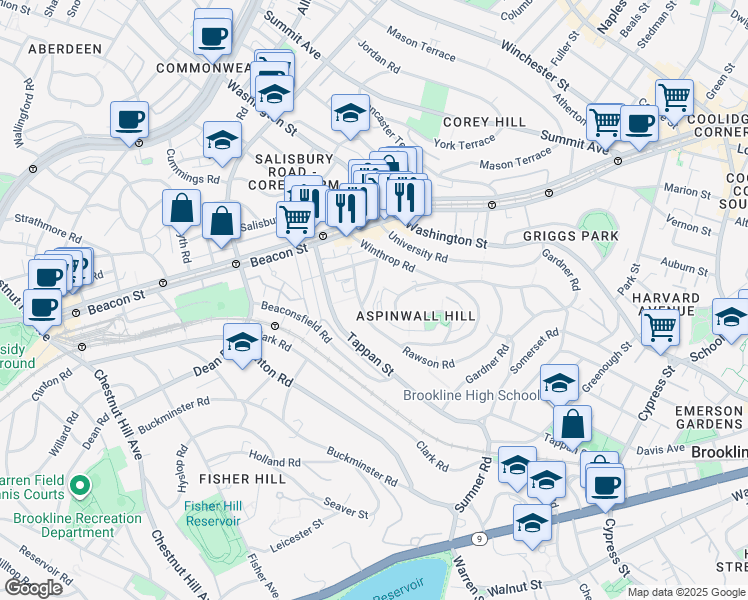 map of restaurants, bars, coffee shops, grocery stores, and more near 185 Rawson Road in Brookline