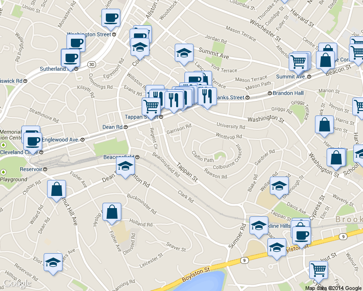 map of restaurants, bars, coffee shops, grocery stores, and more near 222 Rawson Road in Brookline