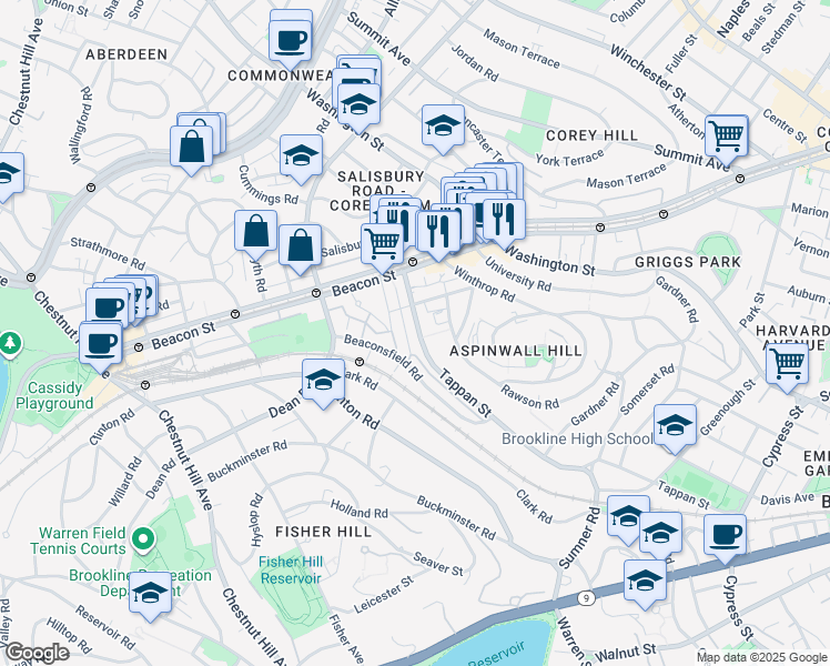 map of restaurants, bars, coffee shops, grocery stores, and more near 72 Regent Circle in Brookline