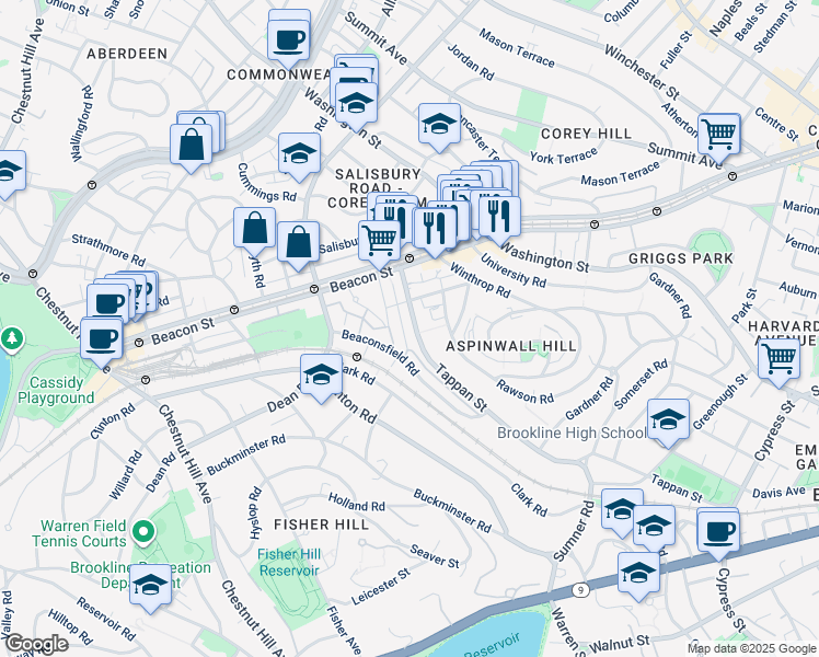 map of restaurants, bars, coffee shops, grocery stores, and more near 72 Regent Circle in Brookline