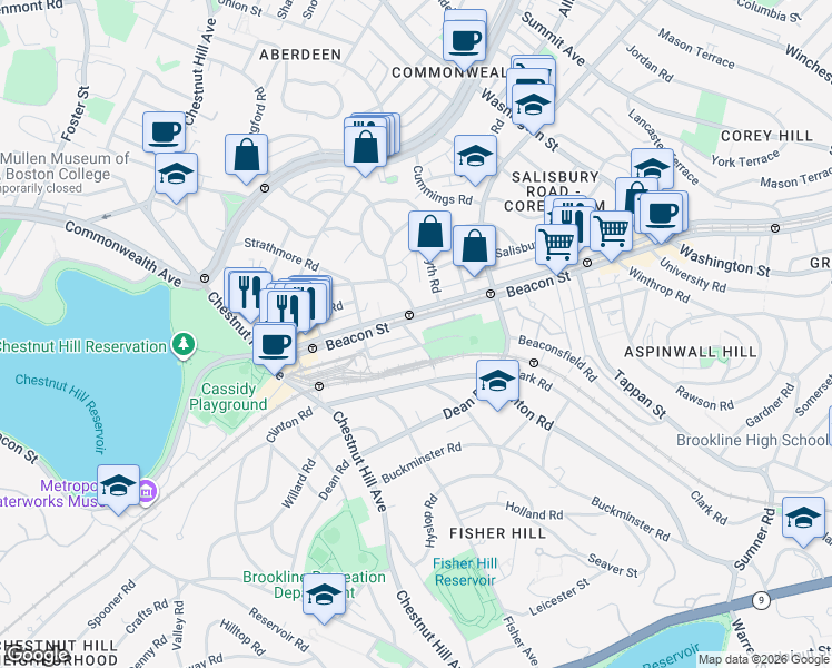 map of restaurants, bars, coffee shops, grocery stores, and more near in Brookline